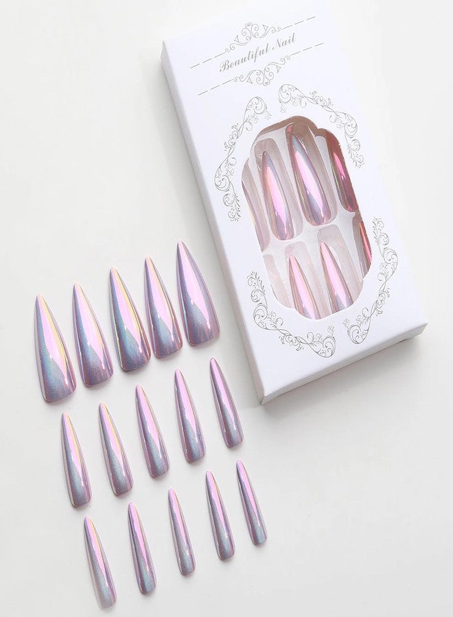 MISUD Press on Nails - Long Stiletto Fake Nails with Purple Chrome, Acrylic Bling Cat Eye Design 24 pcs - Image 4